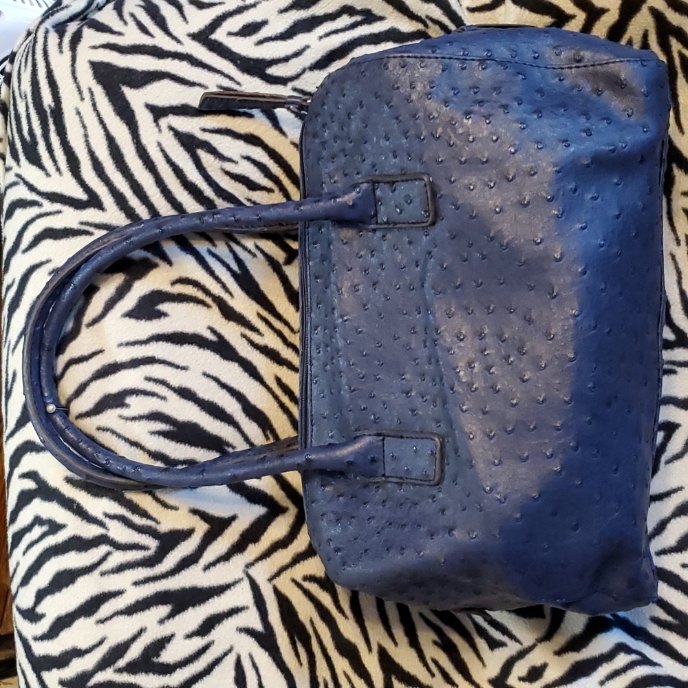Navy blue ostrich embossed faux leather satchel EUC